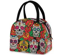 DJNGN Mexican Sugar Skull Red Rose Lunch Tote Bag with Front Pocket Reusable Insulated Thermal Zipper Closure Cooler Container Bag for School Work Picnic Travel Fishing Beach