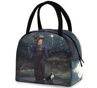 DJNGN Moon Night Fairy with Magic Wand Black Cat Lunch Tote Bag with Front Pocket Reusable Insulated Thermal Zipper Closure Cooler Container Bag for School Work Picnic Travel Fishing Beach