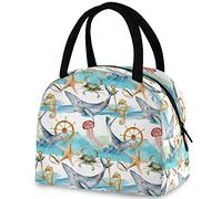 DJNGN Nautical Whale Starfish Anchors Reusable Lunch Tote Bag with Front Pocket Insulated Thermal Cooler Container Bag for Back to School Work Picnic Travel Fishing Beach