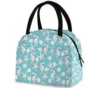 DJNGN Ocean Starfish Seahorse Pattern Reusable Lunch Tote Bag with Front Pocket Zipper Closure Insulated Thermal Cooler Container Bag for Work Picnic Travel Beach Fishing