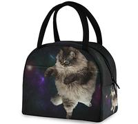 DJNGN Outer Space Magic Cat Reusable Lunch Tote Bag with Front Pocket Insulated Thermal Cooler Container Bag for Back to School Work Picnic Travel Fishing Beach