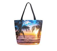 DJNGN Palm Tree Sunset On Beach Canvas Tote Bag Women Casual Shoulder Handbag Large Reusable Shopping Grocery Bag