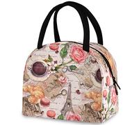 DJNGN Paris Coffee Teacup Rose Eiffel Tower Lunch Tote Bag with Front Pocket Reusable Insulated Thermal Zipper Closure Cooler Container Bag for School Work Picnic Travel Fishing Beach