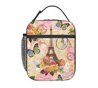 DJNGN Paris Eiffel Tower Butterfly and Flowers Portable Lunch Bag Insulated Meal Bag Reusable Lunch Box Cooler Bag Food Container for School Work Travel Picnic Camping