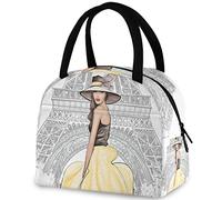 DJNGN Paris Eiffel Tower Fashion Model Reusable Lunch Tote Bag with Front Pocket Zipper Closure Insulated Thermal Cooler Container Bag for Man Women Work Picnic Travel Beach Fishing