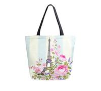 DJNGN Paris Eiffel Tower Floral Flowers Canvas Tote Bag Reusable Grocery Bags Tote Carrying Bag with Handles