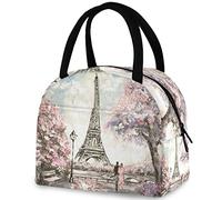 DJNGN Paris Eiffel Tower Painting Tree Couple Reusable Lunch Tote Bag with Front Pocket Insulated Thermal Zipper Closure Cooler Container Bag for School Work Picnic Travel Fishing Beach