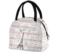 DJNGN Paris Eiffel Tower Romantic Written Words Reusable Lunch Tote Bag with Front Pocket Insulated Thermal Cooler Container Bag for Back to School Work Picnic Travel Fishing Beach
