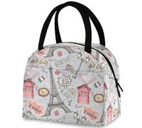 DJNGN Paris Retro Icons Eiffel Tower Reusable Lunch Tote Bag with Front Pocket Zipper Closure Insulated Thermal Cooler Container Bag for Work Picnic Travel Fishing Beach