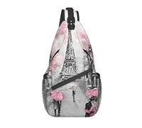 DJNGN Paris Street Tower Pink Floral Crossbody Chest Bag, Shoulder Bag, Weekend Outdoor Hiking Backpack, Suitable For Men And Women
