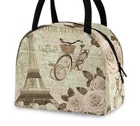 DJNGN Paris Vintage Postcard Eiffel Tower Bicycle Reusable Lunch Tote Bag Insulated Thermal Cooler Container Bag for Back to School Work Picnic Travel Fishing Beach