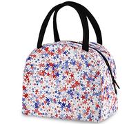 DJNGN Patriotic USA Flag Stars Reusable Lunch Tote Bag with Front Pocket Insulated Thermal Cooler Container Bag for Work Picnic Travel Fishing Beach