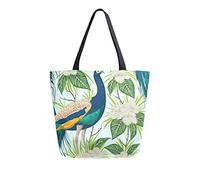 DJNGN Peacock Flowers And Leaves Canvas Tote Bag Reusable Grocery Bags Tote Carrying Bag with Handles