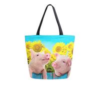 DJNGN Piglet On Fence Sunflowers Canvas Tote Bag Women Casual Shoulder Handbag Large Reusable Shopping Grocery Bag