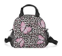 DJNGN Pink Butterfly Leopard Lunch Bag, Lunch Box Portable Insulated Lunch Tote Bag, Thermal Cooler Bag for Women Work Outdoor