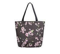 DJNGN Pink Cherry Flowers On Black Canvas Tote Bag Women Casual Shoulder Handbag Shopping Bag