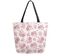DJNGN Pink Rose Flower Polka Dot Reusable Grocery Shopping Bag Canvas Tote Bag Large Collapsible Washable Handbag Shoulder for Women