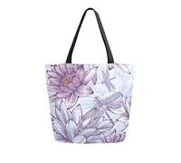 DJNGN Purple Water Lilies Floral Dragonfly Canvas Tote Bag Women Casual Shoulder Handbag Large Reusable Shopping Grocery Bag