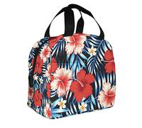 DJNGN Red Hibiscus Large Insulated Lunch Bag Blue Tropical Leaves Hawaii Hawaiian Plants White Floral Exotic Hot Lunch Box for Boys Girls Men Women