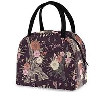 DJNGN Retro Paris Eiffel Tower Hearts Flowers Reusable Lunch Tote Bag Insulated Thermal Cooler Container Bag for Back to School Work Picnic Travel Fishing Beach