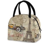 DJNGN Retro Paris Newspaper Eiffel Tower Car Reusable Lunch Tote Bag with Front Pocket Insulated Thermal Zipper Closure Cooler Container Bag for School Work Picnic Travel Fishing Beach
