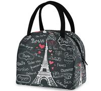 DJNGN Romantic Paris Eiffel Tower Hearts Reusable Lunch Tote Bag Insulated Thermal Cooler Container Bag for Back to School Work Picnic Travel Fishing Beach