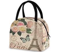 DJNGN Romantic Vintage Paris Eiffel Tower Butterfly Reusable Lunch Tote Bag Insulated Thermal Cooler Container Bag for Back to School Work Picnic Travel Fishing Beach