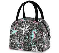 DJNGN Seahorse Starfish Pattern Reusable Lunch Tote Bag with Front Pocket Zipper Closure Insulated Thermal Cooler Container Bag for Man Women Work Picnic Travel Beach Fishing