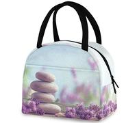 DJNGN Spa Stones Lavender Reusable Lunch Tote Bag with Front Pocket Insulated Thermal Cooler Container Bag for Back to School Work Picnic Travel Fishing Beach