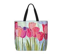 DJNGN Stained Glass Pink Tulips Casual Shoulder Bag Handbag Reusable Shopping Travel Grocery Bag Tote Gifts For Women