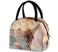 DJNGN Stylish Eiffel Tower Paris Art Postcard Reusable Lunch Tote Bag with Front Pocket Zipper Closure Insulated Thermal Cooler Container Bag for Man Women Work Picnic Travel Beach Fishing