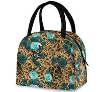 DJNGN Stylish Leopard Rose Reusable Lunch Tote Bag with Front Pocket Insulated Thermal Cooler Container Bag for Back to School Work Travel Fishing Picnic Beach