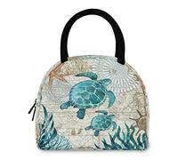 DJNGN Stylish Old Map Sea Turtles Starfish Lunch Tote Bag with Front Pocket Zipper Closure Insulated Thermal Cooler Container Bag for Man Women Work Picnic Travel Beach Fishing