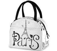 DJNGN Stylish Paris Eiffel Tower Hearts Reusable Lunch Tote Bag with Front Pocket Zipper Closure Insulated Thermal Cooler Container Bag for Work Picnic Travel Beach Fishing
