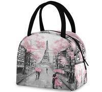 DJNGN Stylish Romantic Paris Eiffel Tower Reusable Lunch Tote Bag with Front Pocket Zipper Closure Insulated Cooler Container Bag for Man Women Work Picnic Travel Beach Fishing