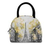DJNGN Stylish Romantic Paris Eiffel Tower Streetscape Painting Reusable Lunch Tote Bag with Front Pocket Zipper Closure Insulated Thermal Cooler Container Bag Work Picnic Travel Beach Fi