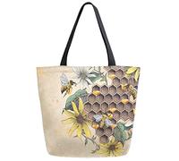 DJNGN Sunflowers Honey Bee Apiary Retro Extra Large Canvas Shoulder Tote Top Storage Handle Bag for School Gym Beach Weekender Travel Reusable Grocery Shopping