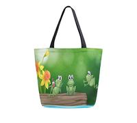 DJNGN Three Green Frogs On The Log Canvas Tote Bag Reusable Grocery Bags Tote Carrying Bag with Handles