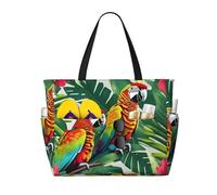 DJNGN Tropical Flower Leaf Parrot Print Large Beach Bag Women Waterproofes Foldable Zipper Totes Bag for Travel Vacation