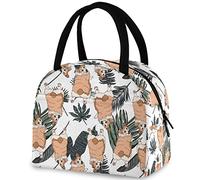 DJNGN Tropical Leaves Cute Corgi Reusable Lunch Tote Bag with Front Pocket Insulated Thermal Cooler Container Bag for Back to School Work Travel Fishing Picnic Beach