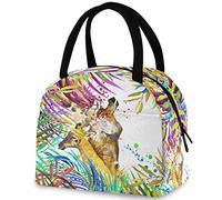 DJNGN Tropical Leaves Giraffe Lunch Tote Bag with Front Pocket Reusable Insulated Thermal Zipper Closure Cooler Container Bag for School Work Picnic Travel Fishing Beach