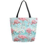 DJNGN Tropical Pink Flamingo Stripe Floral Extra Large Canvas Shoulder Tote Top Storage Handle Bag for School Gym Beach Weekender Travel Reusable Grocery Shopping