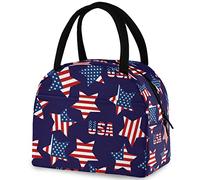 DJNGN USA Patriotic American Flag Stars Reusable Lunch Tote Bag with Front Pocket Insulated Thermal Cooler Container Bag for Back to School Work Travel Fishing Picnic Beach