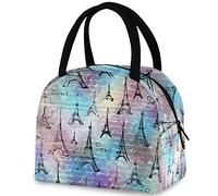 DJNGN Vintage Eiffel Tower Paris Lettering Reusable Lunch Hand Bag with Front Pocket Insulated Thermal Zipper Closure Cooler Container Bag for School Work Picnic Travel Fishing Beach