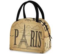 DJNGN Vintage Eiffel Tower Paris Retro Lunch Tote Bag with Front Pocket Reusable Insulated Thermal Zipper Closure Cooler Container Bag for School Work Picnic Travel Fishing Beach