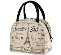 DJNGN Vintage Paris Handwriting Eiffel Tower Reusable Lunch Tote Bag with Front Pocket Insulated Thermal Zipper Closure Cooler Container Bag for School Work Picnic Travel Fishing Beach
