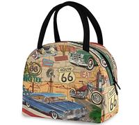 DJNGN Vintage Road Poster Cars Motorcycle Lunch Tote Bag with Front Pocket Reusable Insulated Thermal Zipper Closure Cooler Container Bag for School Work Picnic Travel Fishing Beach