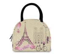 DJNGN Vintage Romantic Paris Butterfly Eiffel Tower Reusable Lunch Tote Bag with Front Pocket Zipper Closure Insulated Thermal Cooler Container Bag for School Work Picnic Travel Beach Fishing