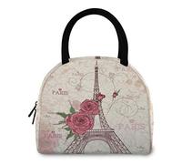 DJNGN Vintage Romantic Paris Eiffel Tower Reusable Lunch Tote Bag with Front Pocket Zipper Closure Insulated Thermal Cooler Container Bag for Man Women Work Picnic Travel Beach Fishing