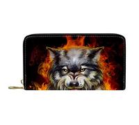 DJNGN Wallet for Women Clutch Purses for Women Card Holder Organizer Leather Zipper Purse Anger Wolf with Fire